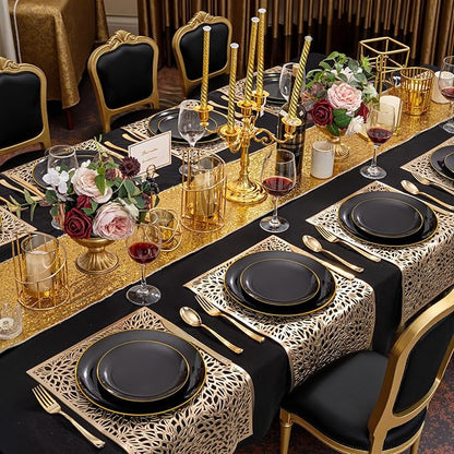KIRE 200Pcs Black Plastic Plates - Black Plates Disposable for Party - Include 100 for Dinner and 100 for Dessert for Birthday/Wedding/New Year