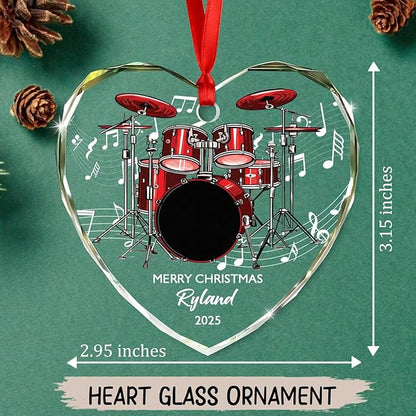 Personalized Drum Musical Instrument Glass Ornament, Customized Year Text Name Christmas Ornaments Gift for Drummer Husband Wife Dad Mom Kids, Unique Drum Set Glass Christmas Ornament for Birthday
