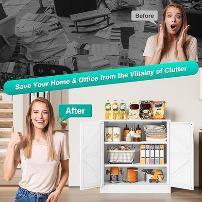 White Storage Cabinet with Doors and Adjustable Shelves,36" Farmhouse Food Pantry Cabinets,Small Sideboard Cabinet,Short Metal Storage Cabinets for Home Kitchen,Dining/Living/Laundry/Room