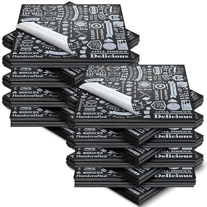 Outus 1400 Pcs 12 x 12 Inch Deli Wax Paper Sheets Grease Resistant Tray Basket Liners Newsprint Paper Water and Grease Proof Sandwich Wrapping Square Hot Dog Wrapper for Food Baking (Black)