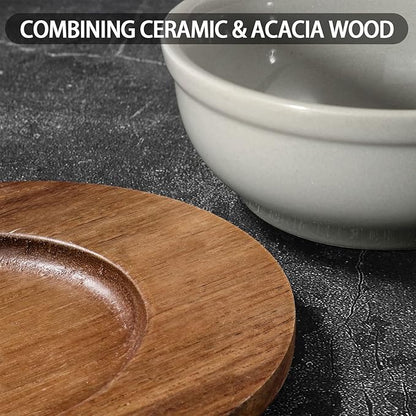 Artena 12 oz Solid Ceramic Chip and Dip Serving Set with Acacia Wooden Tray, 5-inch Grey Dipping Bowls, Small Serving Bowls for Side Dishes, Salsa, Appetizer, Serving Dishes for Entertaining