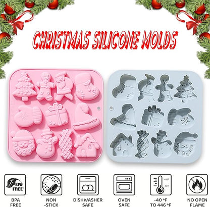2 Pcs Christmas Chocolate Silicone Molds, 11 Cavity 11 Shapes Christmas Baking Molds for Cake Chocolate Candy Cupcakes Pudding Muffins Ice Cube Soap Ice Cube Jelly Making