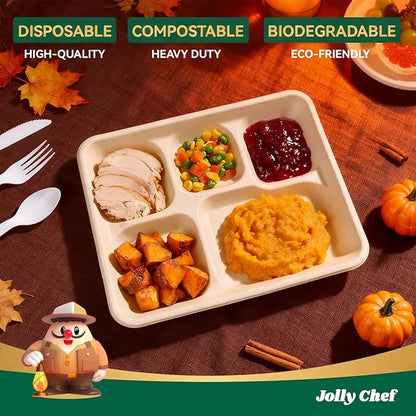 JOLLY CHEF Compostable 𝟱 Compartment Paper Plates 10*8.25*1 𝗶𝗻𝗰𝗵 [𝟱𝟬𝟬 𝗣𝗮𝗰𝗸] Small Heavy Duty Divided Disposable Eco-Friendly Biodegradable Food Trays for School Thanksgiving Day(Brown)