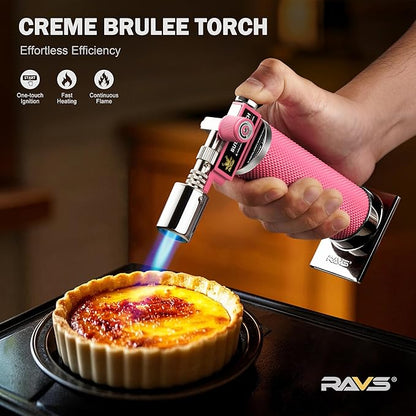 RAVS Butane Torch, Kitchen Torch Lighter for Creme Brulee with Adjustable Flame, Cooking Torch for Baking, BBQ, Desserts, Metal Mini Torch with Safety Buckle, Pink (Butane Not Included)