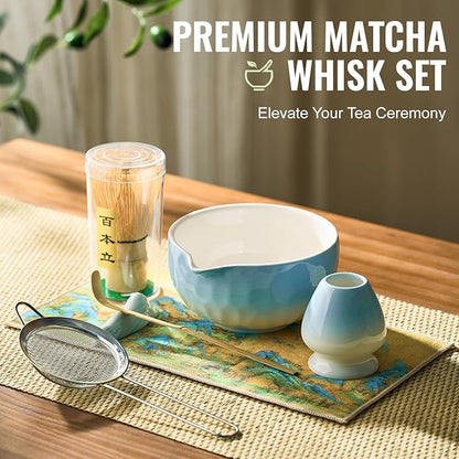 Matcha Whisk Set 7 Pcs Matcha Sets Blue, matcha Kit with Bowl, Whisk and Holder, Bamboo Scoop, Scoop Rest, Sifter & Tea Towel, Tea Gifts for Matche Lovers Making Breakfast Latte