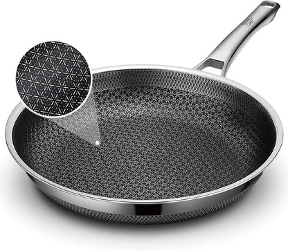 Frying Pan, 12 Inch Hybrid Non Stick Stainless Steel Skillets, Dishwasher Induction Oven Broiler Safe, Non Toxic Chef's Pan, PFOA Free Cookware