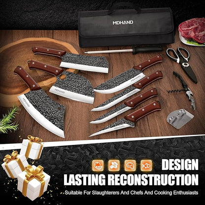 MDHAND 14PCS Butcher Knife Set, Hand Forged Butcher Chef Knife Set with Roll Bag, Sharp Meat Cleaver Knife & Bone Chopper Knives & Fillet Knives for Home & Camping & BBQ Gift for Men