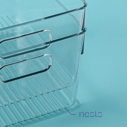 Plastic Food Storage 2 Pack Clear Container Bin with Handles for Organizing Kitchen, Pantry, Refrigerator, Freezer, Pantry, Cabinet, Closet, Bathroom. 10”x7.5”x5.3”