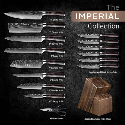 SENKEN 16-Piece Natural Acacia Wood Kitchen Knife Block Set - Japanese Chef's Knife Set with Laser Damascus Pattern, Includes Steak Knives, Kitchen Shears, Santoku, Cleaver & More (Wooden Handles)