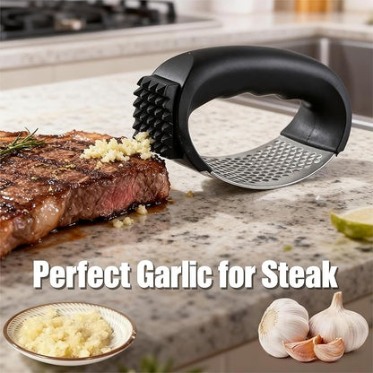 Garlic Press Rocker Stainless Steel Ginger Crusher, Garlic Mincer and Squeezer Kitchen Gadget with Ergonomic handle, Silicone Tube Garlic Peeler, Scraper and Cleaning Brush Tool Set(Black)