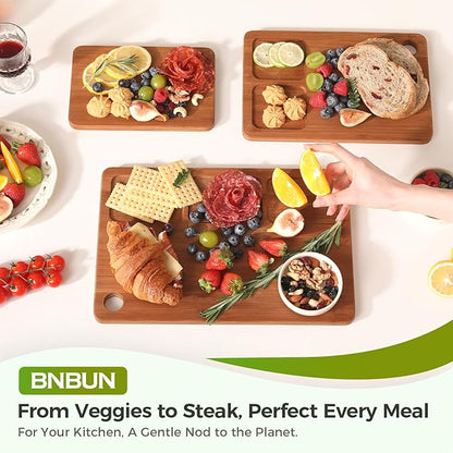 Bamboo Cutting Board for Kitchen, Wooden Cutting Board 3-Piece Set with Non-Slip Mat Deep Juice Groove and Built-In Handles, Wood Cutting Board for Meat Vegetables Fruit Ideal Gift for the Home