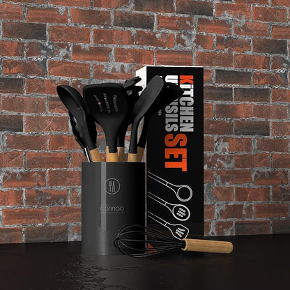 Silicone Cooking Utensils Set - 446°F Heat Resistant Silicone Kitchen Utensils for Cooking,Kitchen Utensil Spatula Set w Wooden Handles and Holder, BPA FREE Gadgets for Non-Stick Cookware (Black)