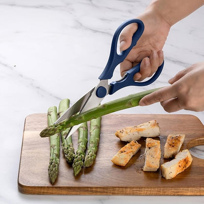 Rae Dunn Kitchen Scissors- Stainless Steel Kitchen Shears, Cooking Scissors for Cutting Meat, Chicken, Herbs and Produce with Blade Cover and Soft Grip Handles (Blue)