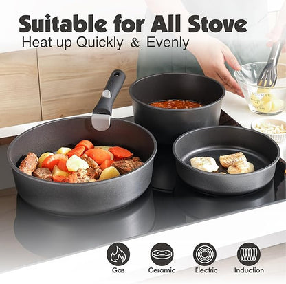 SENSARTE 17 Piece Pots and Pans Set, Nonstick Detachable Handle Cookware Set, Induction Kitchen Cookware Set with Removable Handle, Healthy Non Stick for RV, Dishwasher ＆ Oven Safe, PFOA Free (Black)