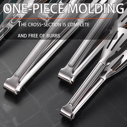 Stainless Steel Kitchen Tong Set - Anti-Slip Heat-Resistant Grip, Widened 3-Line Slotted Heads for Easy Clamping (Steaks, BBQ, Pasta, Salads), Easy Clean for Versatile Use Set of 3-9", Silver