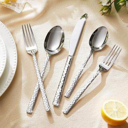 KINGSTONE 30 Piece Hammered Silverware Set, 18/10 Stainless Steel Flatware Set for 6, Cutlery Set for Home, Party, Wedding, Mirror Polished Dishwasher Safe