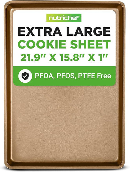 NutriChef Nonstick XL Cookie Sheet Baking Pan - Extra Large 22" x 16" Carbon Steel Oven Baking Sheet for Pastries, Desserts, & More - Dishwasher Safe, Gold