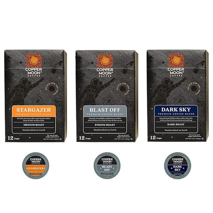 Copper Moon Single Serve Coffee Pods for Keurig K-Cup Brewers, Medium, Strong and Dark Roast, Variety Pack Gift Box with Stargazer, Blast Off and Dark Sky Blend, 36 Count