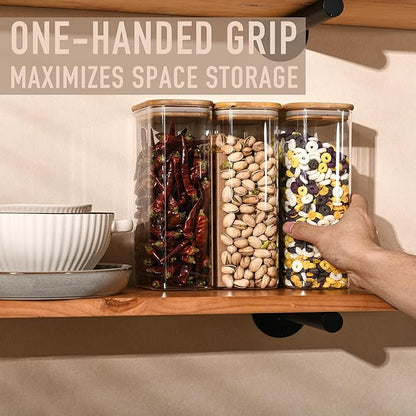 56oz Rectangle Airtight Glass Storage Containers with Bamboo Lids (Set of 3), Square Food Storage Jar, Pantry Organizers for Oats, Cereal, Pasta and Coffee beans (‎with Black Lable)