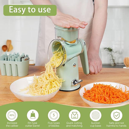 5 in 1 Rotary Cheese Grater Vegetable Slicer - Drum Mandoline Chopper for Kitchen, Easy to Clean with Storage Container