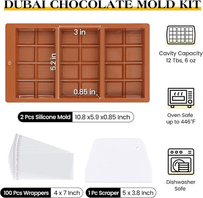2 Pcs Chocolate Bar Mold Deep Dubai 0.85 Inch Stuffed Large Chocolate Molds Silicone Break Apart Thick Silicone Molds for Candy Bar, With 100 Pcs Wrappers and 1 Pc Scrapers Set (8 Snap）
