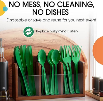 Party Solids Emerald Green Plastic Silverware Heavy Duty 150 Pieces Green Plastic Cutlery Sets, Utensil Sets, 50 Of Each Forks, Knives & Spoons Disposable Cutlery Set, Flatware Set For Party Supplies