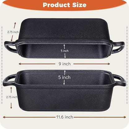 Cast Iron Bread Loaf Pan with Lid to Piece Set, Even Heat Distribution for Sourdough and Homemade Bread, Pre-Seasoned Heavy Duty Dutch Oven Bread Pan For a Crispy Crust (9x5 Inch)