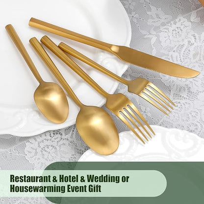 DEACORY Silverware Set Flatware Set Matte Gold Cutlery Set Heavy Hexagon Handle Stainless Steel 60 Pieces Dishwasher Safe Service for 12