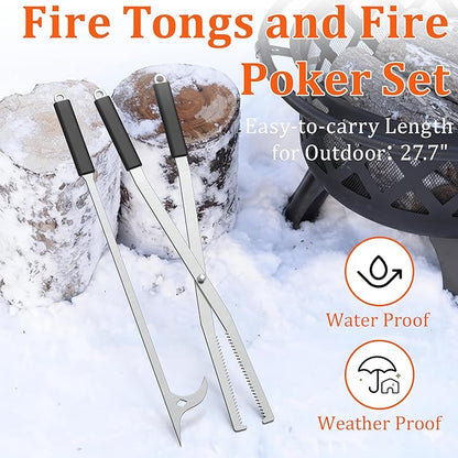 GARVIN Heavy Duty Fire Tongs & Poker Set, 27.7" Long-Handle Carbon Steel Log Grabber with Serrated Grip, Fire Tools Sets For Fire Pit & Fireplace, Wood Stoves, Campfires, Bonfires & BBQ Grills
