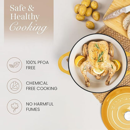 Nuovva Enamelled Cast Iron Dutch Oven Pot with Lid 6.4 Quart Non Stick Casserole Pot – Heavy Duty & Oven Safe up to 500° F for Bread Baking, Braising, Stews, Roasting – 28cm Yellow