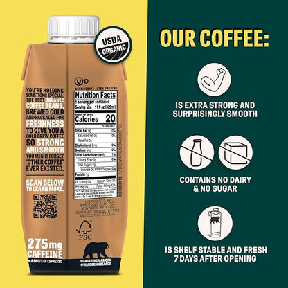 Wandering Bear Straight Black Organic Cold Brew Coffee On-the-Go - Extra Strong, Bold, Smooth, Unsweetened, Shelf-Stable, Ready to Drink, 100% Organic Iced Cold Brewed Coffee Drink -11 fl oz, 12 pack