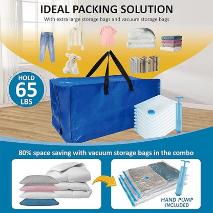 16 Pack Heavy Duty Extra Large Moving Bags with Backpack Straps & Large Vacuum Storage Bags Moving Supply Combo, Moving Totes with Handles & Zippers for Space Saving, Fold Flat, Includes Vacuum Bags