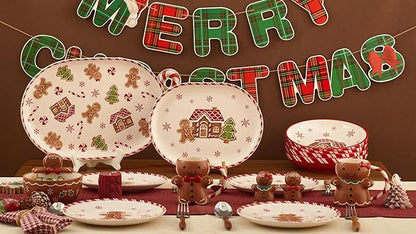 Bico Traditional Christmas Gingerbread Man Ceramic 16 inch plus 12 inch Ceramic Oval Platter, Set of 2, for Serving Turkey, Steak, Salad, Microwave & Dishwasher Safe