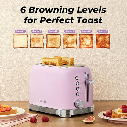 Toaster 2 Slice Retro Stainless Steel with 1.5” Extra Wide Slots Bagel, Defrost, Reheat, Cancel Functions, 6 Bread Shade Settings, Removable Crumb Tray, Purplish Pink