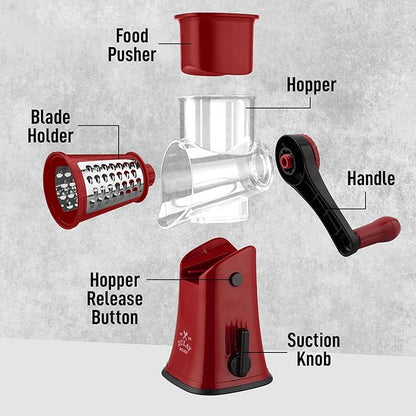 Zulay Kitchen Rotary Cheese Grater 5 Blade Cheese Shredder - Manual Hand Crank Cheese Grater With Reinforced Suction & 5 Interchangeable Drums - Easy to Use, Vegetable Chopper Round Mandoline Slicer