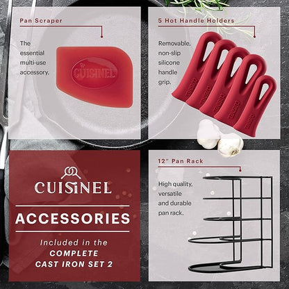Cuisinel Cast Iron Cookware Set - Complete Pre-Seasoned Kit - 8" Skillet & 10" + 12" Skillets with Glass Lid + Grill Pan + Multi-Cooker/Dutch Oven + Flat Griddle + Pizza Pan + Organizer Rack - 2024