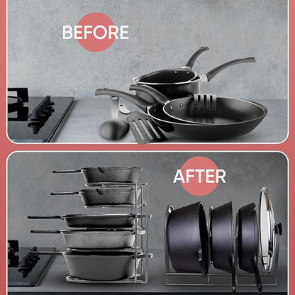 Heavy-Duty Pots and Pans Organizer | 5-Tier Cookware & Lid Storage Rack | Free-Standing or Wall-Mount | Kitchen Organizer for Cast Iron Skillets, Pots, Frying Pans, Lids | Chrome