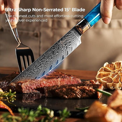 SENKEN Damascus Steak Knife Set - Tsunami Collection - 67-Layer Japanese VG10 Steel - Razor Sharp Non-Serrated Blades, Blue Resin & Natural Wood Pattern Handles, Luxury Gift Box (4 Steak Knife Set)
