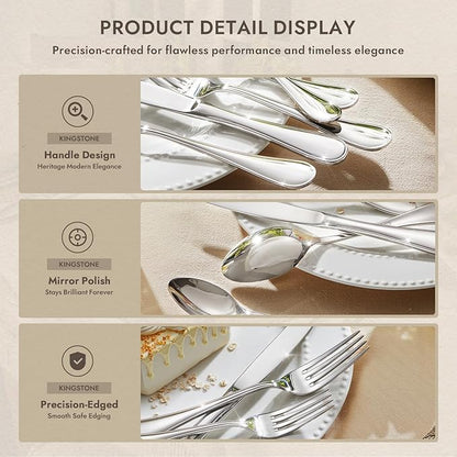 KINGSTONE 40 Piece Teardrop Silverware Set for 8, 18/10 Stainless Steel Flatware Set, Modern Design Cutlery Set for Home/Hotel/Wedding,Mirror Polished and Dishwasher Safe