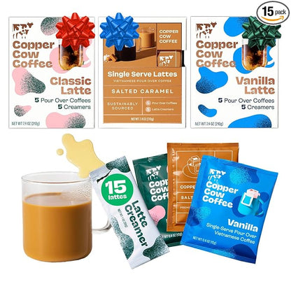 Copper Cow Premium Vietnamese Coffee Variety Pack (15 Coffees & 15 Creamers)| Classic Black, Vanilla, & Salted Caramel Latte | Pour Over Single-Serve Lattes, No Refrigeration Needed, Travel Friendly
