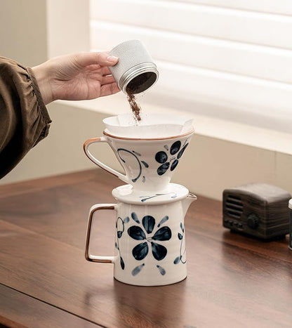 Pour Over Coffee Maker,Ceramic Coffee Maker With 40 pcs Paper Filter，15oz/450ml Pour Over Coffee Dripper (Blue and white, V02)