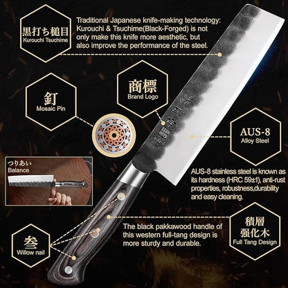 7 Inch Nakiri Knife, Black Forged Japanese Cleaver Knife Chefs Knife with High Carbon Stainless Steel, Japanese Nakiri Knife with Full Tang Pakkawood Handle, Christmas Gift with Premium Box