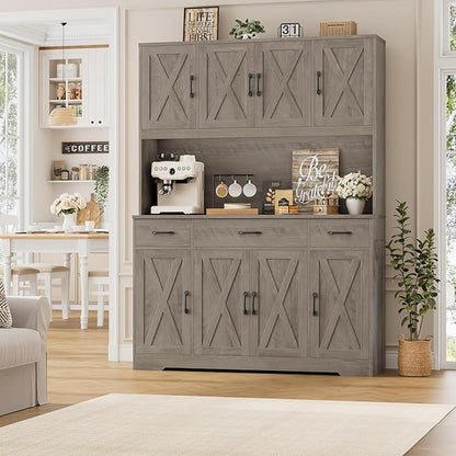 HOSTACK 71" Tall Kitchen Pantry Storage Cabinet with Charging Station, 55" Wide Kitchen Hutch Cabinet with Large Countertop, Farmhouse Food Pantry with Drawers for Living Room, Ash Grey