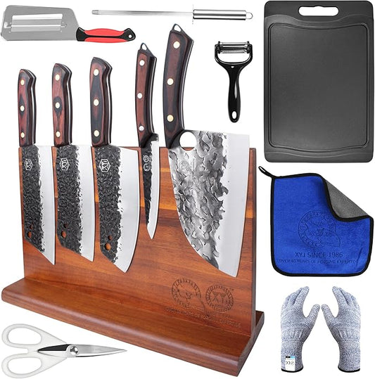 XYJ Knife Block Set, Full Tang Knives Set with Magentic Knife Block, Sharpening Stick, Scissors, Cut Resistant Gloves, Utility Vegetable Kitchen Knives, High Carbon Steel Blades, Pakkawood Handle