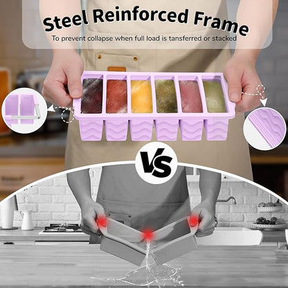 2-Pack Silicone Freezer Trays with Lid, 2 Large 2-Cup(500ml) & 6 Small 1/2-Cup(125ml) Soup Freezer Container Molds, Ice Cube Tray For Meal Prep & Freezing Soup, Stews, Sauces, Oven & Dishwasher-Safe