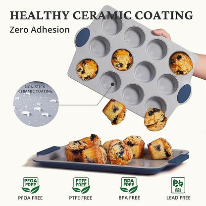 BRONYPRO Ceramic Muffin Pan, 12-Cup and 24-Cup Nonstick Aluminized Steel Mini Cupcake Pans, Healthy Non-Toxic Ceramic Coating Muffin Tin, 2 Pack Cup Cake Pans for Baking Blue
