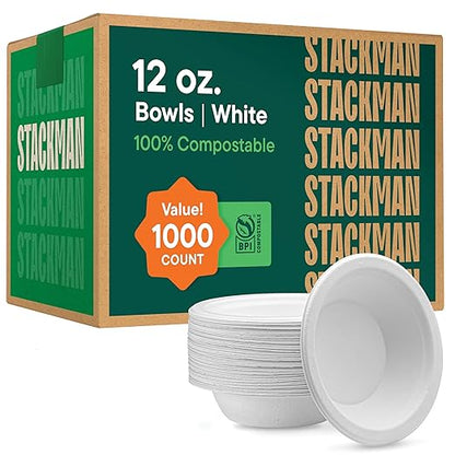 100% Compostable Paper Bowls 12 oz. [1000 Count] Heavy-Duty Soup Bowls - Natural White Color Unbleached Bagasse Bowls - Eco-Friendly Disposable Biodegradable Sugarcane - [Bulk Case 8/125 Pack]