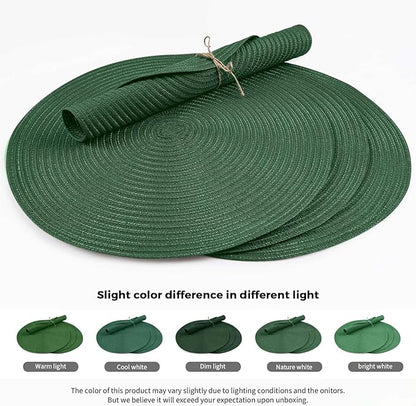 FunWheat Round Braided Placemats Set of 6 Place mats for Dining Tables Woven Heat Resistant Table Mats 15 inch (Dark Green)