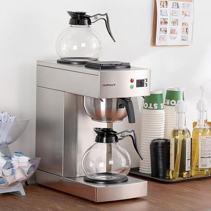 12-Cup Coffee Maker 1.8L Commercial Drip Coffee Maker Pour Over Coffee Machines with 2 Glass Carafes and 2 Warmers Plate Stainless Steel Coffee Brewer for Cofe Bar and Restaurant