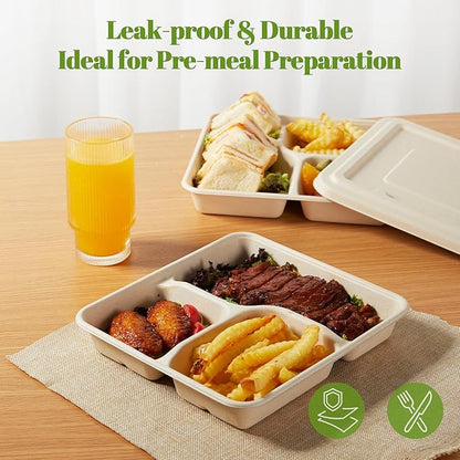 [100% Eco-Friendly] 3 Part Compartment Disposable Food Containers with Lids - Sugarcane Pulp Take Out Boxes, Biodegradable, Compostable, Microwave Safe Lunch Containers - Pack of 50 (Large)
